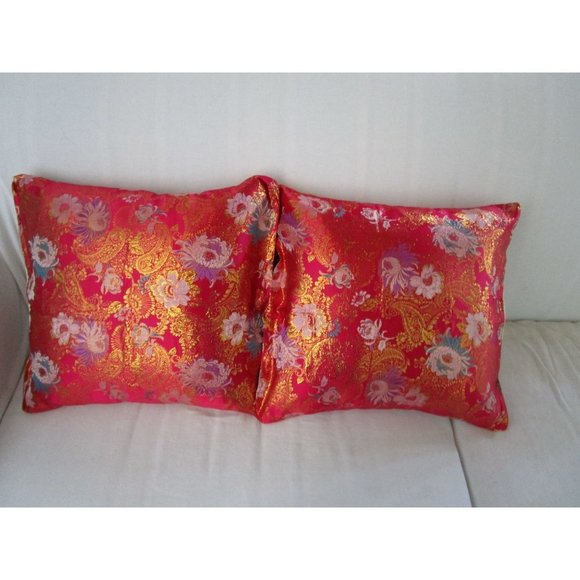 Asian Inspired Raspberry Chrysanthemum Floral Gold Accent Brocade Pillow Covers - Picture 7 of 16